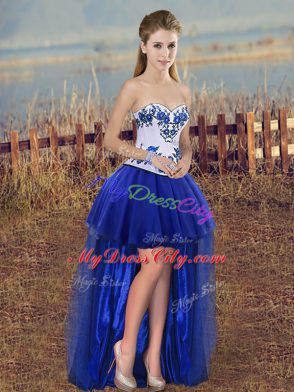 Floor Length Lace Up Quinceanera Gowns Royal Blue for Military Ball and Sweet 16 and Quinceanera with Embroidery and Bowknot