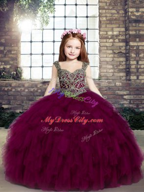 Dazzling Fuchsia Tulle Lace Up Kids Pageant Dress Sleeveless Floor Length Beading