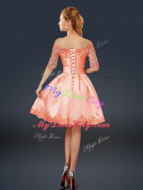 Nice A-line Hoco Dress Peach Off The Shoulder Satin Half Sleeves Mini Length Lace Up