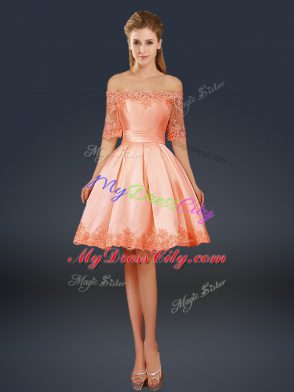 Nice A-line Hoco Dress Peach Off The Shoulder Satin Half Sleeves Mini Length Lace Up