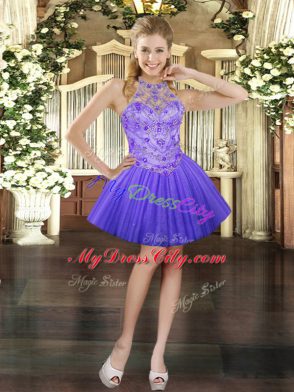 Affordable Halter Top Sleeveless Lace Up Quince Ball Gowns Lavender Tulle