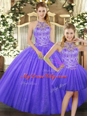 Affordable Halter Top Sleeveless Lace Up Quince Ball Gowns Lavender Tulle