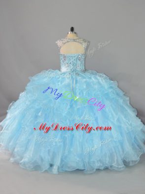 Glamorous Blue Lace Up Sweet 16 Dresses Beading and Ruffles Sleeveless Floor Length