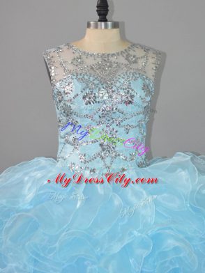 Glamorous Blue Lace Up Sweet 16 Dresses Beading and Ruffles Sleeveless Floor Length