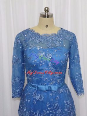 Chic Blue Long Sleeves Lace and Appliques Mini Length Prom Party Dress