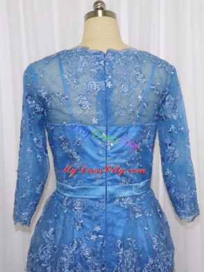 Chic Blue Long Sleeves Lace and Appliques Mini Length Prom Party Dress