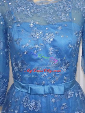 Chic Blue Long Sleeves Lace and Appliques Mini Length Prom Party Dress