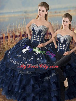 Floor Length Navy Blue Quinceanera Dress Satin and Organza Sleeveless Embroidery and Ruffles