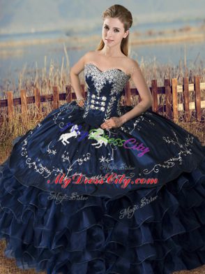 Floor Length Navy Blue Quinceanera Dress Satin and Organza Sleeveless Embroidery and Ruffles