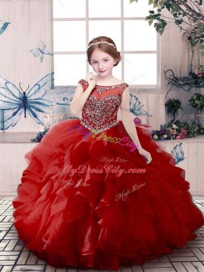 Red Zipper Scoop Beading and Ruffles Little Girls Pageant Gowns Organza Sleeveless