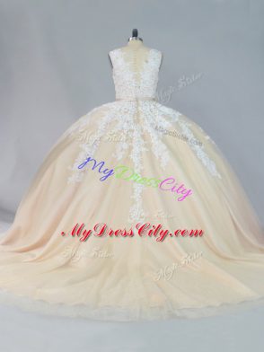 Sleeveless Appliques Zipper Quinceanera Gown with Champagne Court Train