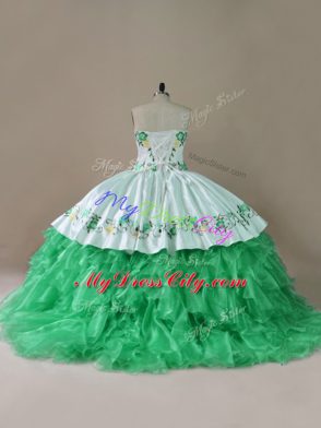 Excellent Green Lace Up Sweetheart Embroidery Quinceanera Dress Organza Sleeveless Brush Train