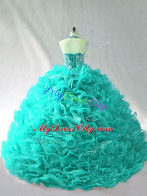 Aqua Blue Halter Top Neckline Beading and Ruffles 15th Birthday Dress Sleeveless Lace Up