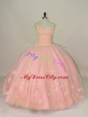 Hot Sale Sweetheart Sleeveless Sweet 16 Quinceanera Dress Floor Length Hand Made Flower Pink Tulle