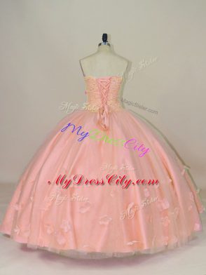 Hot Sale Sweetheart Sleeveless Sweet 16 Quinceanera Dress Floor Length Hand Made Flower Pink Tulle