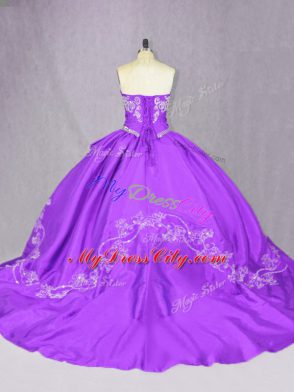 Purple Lace Up Quinceanera Dress Beading Sleeveless Court Train