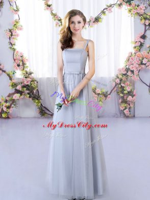 Top Selling Sleeveless Floor Length Appliques Lace Up Quinceanera Court of Honor Dress with Grey