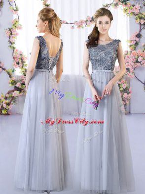 Tulle Sleeveless Floor Length Bridesmaid Dress and Appliques