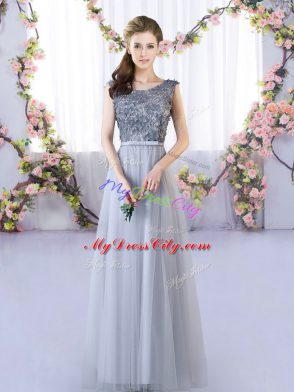 Tulle Sleeveless Floor Length Bridesmaid Dress and Appliques