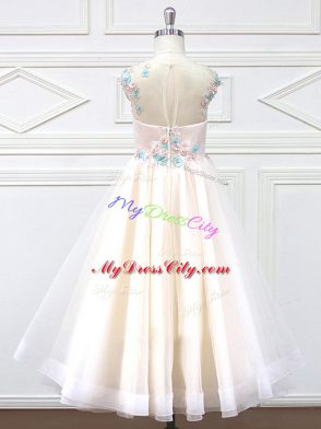 A-line Flower Girl Dress Champagne Scoop Tulle Sleeveless Floor Length Zipper