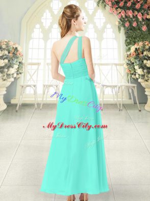 On Sale Aqua Blue Empire One Shoulder Sleeveless Chiffon Ankle Length Zipper Ruching Homecoming Dress