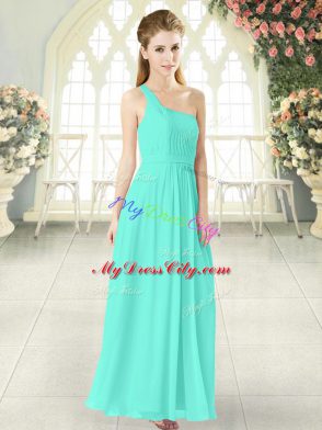 On Sale Aqua Blue Empire One Shoulder Sleeveless Chiffon Ankle Length Zipper Ruching Homecoming Dress