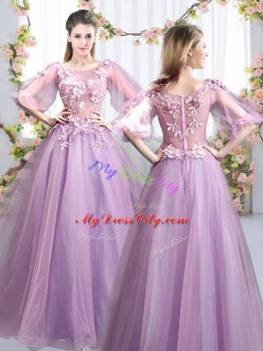 Fantastic Lavender A-line Appliques Quinceanera Court Dresses Zipper Tulle Half Sleeves Floor Length