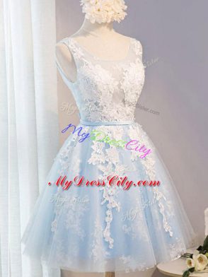 Colorful Baby Blue A-line Appliques and Belt Dress for Prom Lace Up Tulle Sleeveless Knee Length