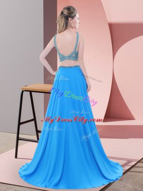 Customized Orange Empire Straps Sleeveless Chiffon Sweep Train Backless Beading Prom Dress