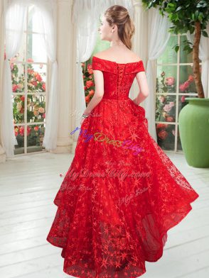 Popular Sleeveless Lace Floor Length Lace Up Prom Dress in Red with Beading