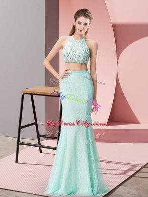 Halter Top Sleeveless Evening Dress Floor Length Beading Apple Green Lace