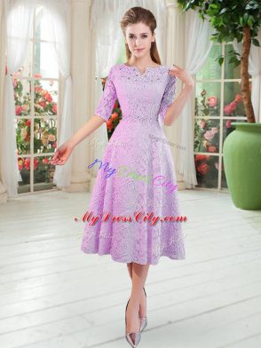 Tea Length A-line Half Sleeves Lilac Dress for Prom Zipper