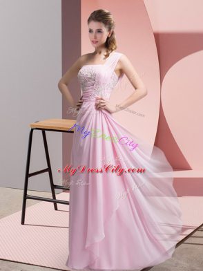 Spectacular Baby Pink Chiffon Zipper Prom Gown Sleeveless Floor Length Beading and Appliques