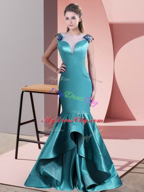 Teal Sleeveless Satin Sweep Train Zipper Prom Dress for Prom and Party