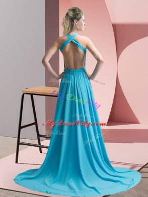 Aqua Blue Sleeveless Chiffon Sweep Train Backless Dress for Prom for Prom and Party and Military Ball