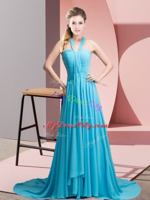 Aqua Blue Sleeveless Chiffon Sweep Train Backless Dress for Prom for Prom and Party and Military Ball