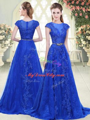 Pretty Scoop Cap Sleeves Sweep Train Zipper Evening Dress Blue Tulle