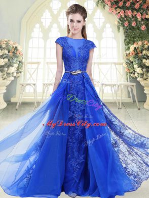 Pretty Scoop Cap Sleeves Sweep Train Zipper Evening Dress Blue Tulle