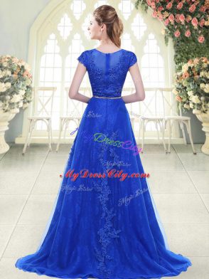 Pretty Scoop Cap Sleeves Sweep Train Zipper Evening Dress Blue Tulle