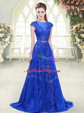 Pretty Scoop Cap Sleeves Sweep Train Zipper Evening Dress Blue Tulle