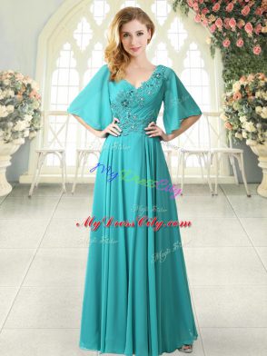 Graceful Sweep Train Empire Aqua Blue V-neck Chiffon Half Sleeves Floor Length Zipper