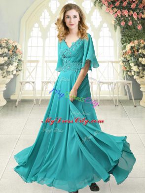 Graceful Sweep Train Empire Aqua Blue V-neck Chiffon Half Sleeves Floor Length Zipper