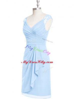 Noble Light Blue Column/Sheath V-neck Cap Sleeves Chiffon Knee Length Zipper Appliques and Ruching Homecoming Dress