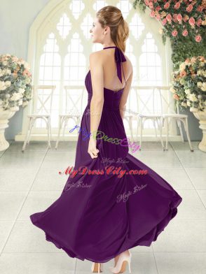 Burgundy Empire Halter Top Sleeveless Chiffon Floor Length Zipper Ruching Prom Party Dress