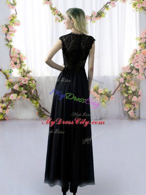 Black Empire V-neck Cap Sleeves Chiffon Floor Length Zipper Lace Quinceanera Dama Dress