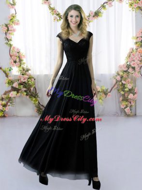 Black Empire V-neck Cap Sleeves Chiffon Floor Length Zipper Lace Quinceanera Dama Dress