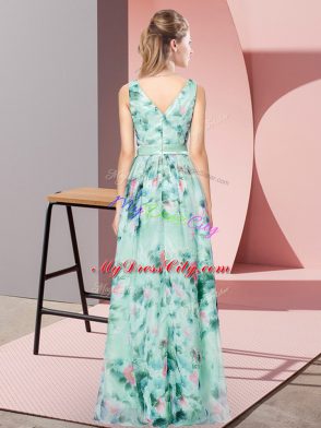 Decent V-neck Sleeveless Prom Party Dress Floor Length Pattern Multi-color Printed