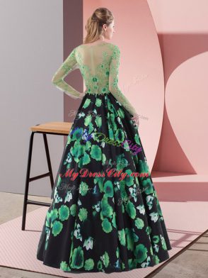 Modest Multi-color Printed Lace Up Scoop Long Sleeves Floor Length Prom Evening Gown Embroidery