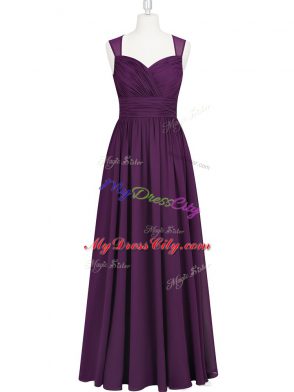 Eggplant Purple Zipper Straps Ruching Evening Dress Chiffon Sleeveless