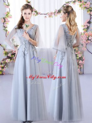 Sweet V-neck Sleeveless Bridesmaid Dresses Floor Length Appliques Grey Tulle